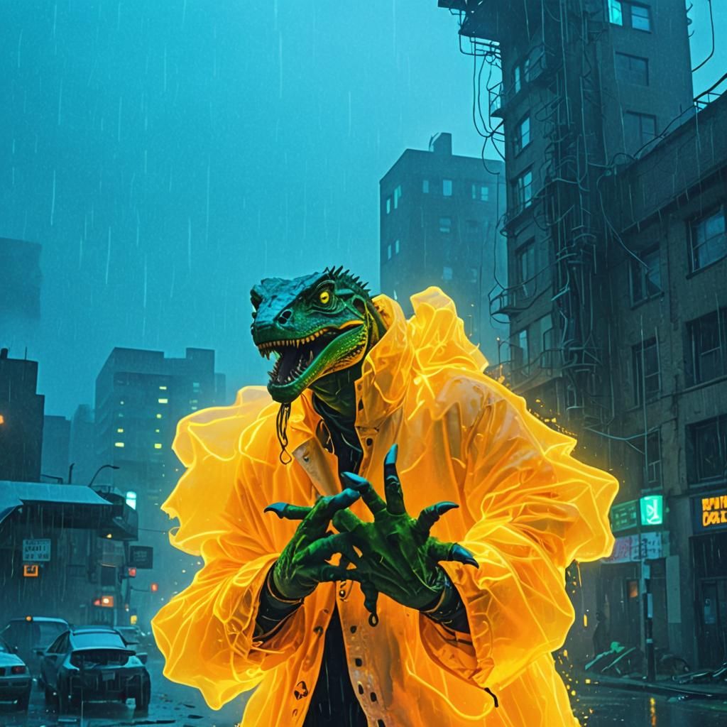 Giant Lizards in Green Neon Rain