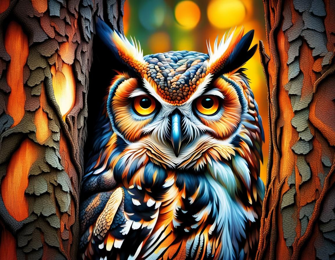 Camouflaged Owl in Forest: Hyperrealistic Digital Art
