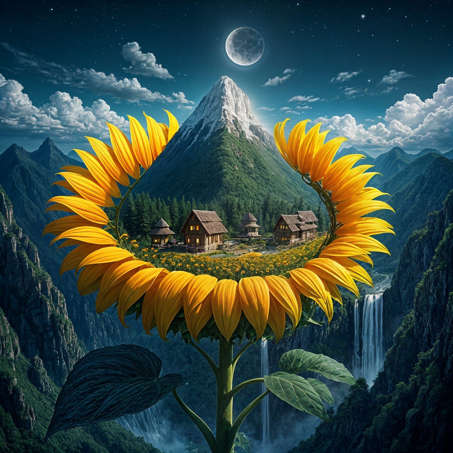 Mountain Village Inside Sunflower Under Moon