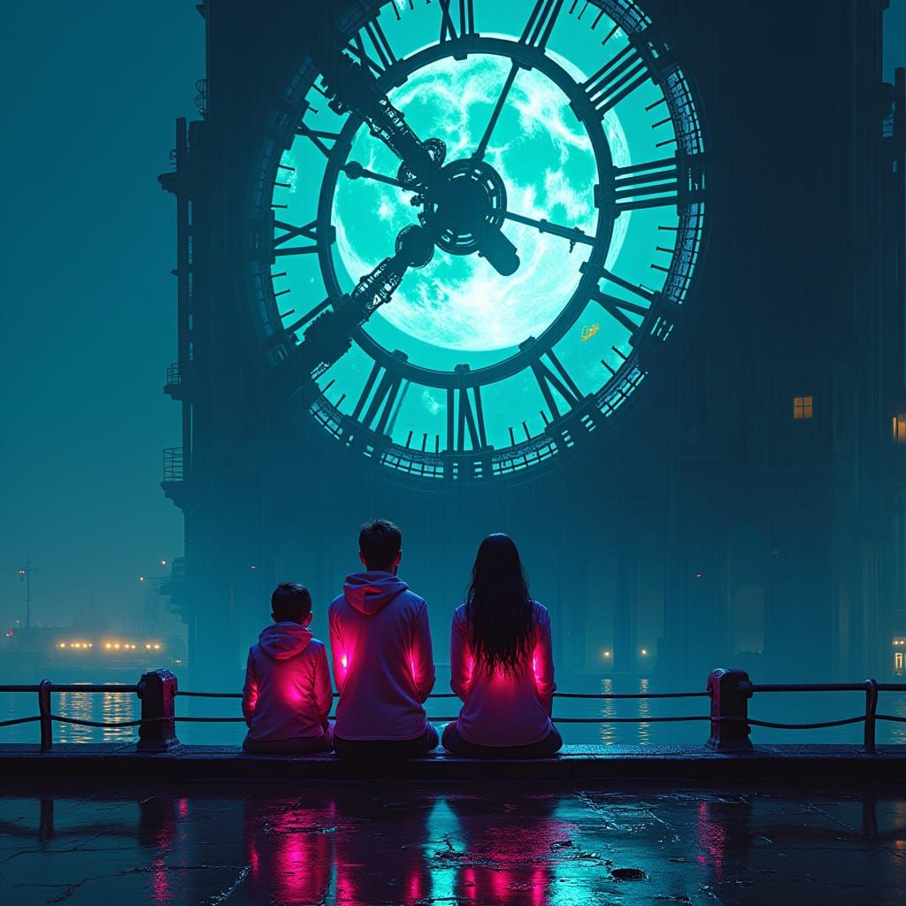 Cyberpunk Trio Gaze at Moonlit Clock Tower