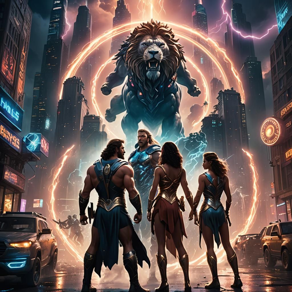 Futuristic Cityscape with Mythological Heroes