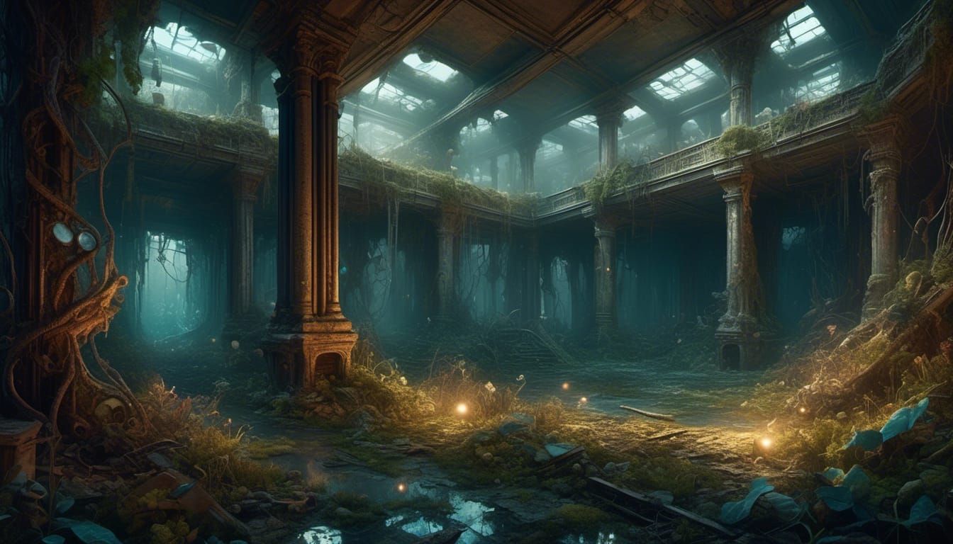 Post-Apocalyptic Mall Ruins with Bioluminescent Foliage