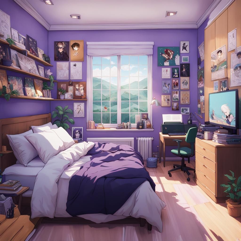 Anime-Themed Modern Bedroom with Purple Bed