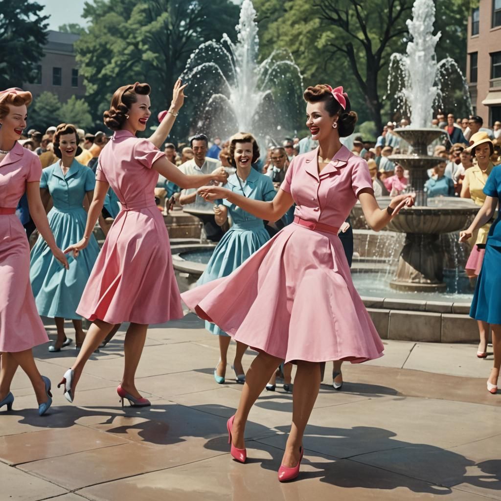 Promt:  2 women are dressed in clothing that is typical of the 1950s. The people's clothes are in bright colors, with a ...