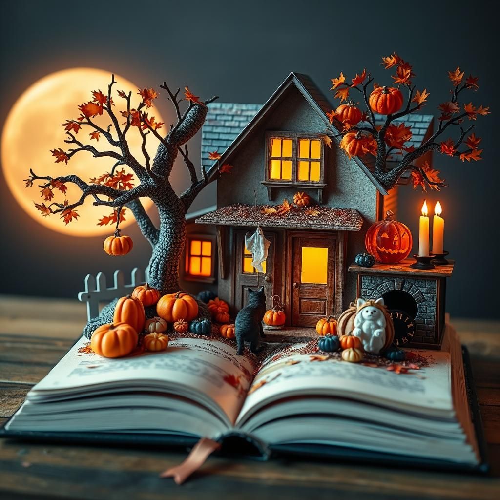 Halloween Diorama Inside Open Book, 3D Whimsical Scene
