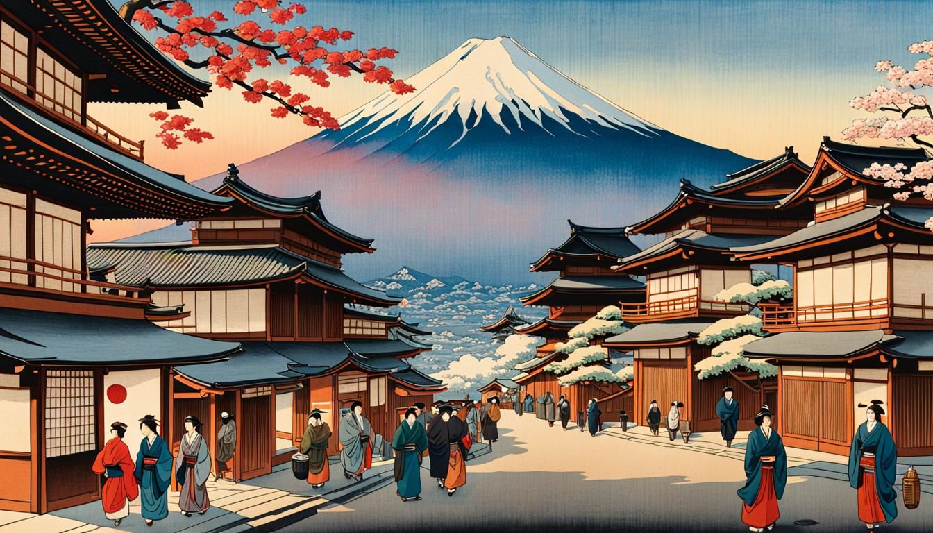 Ukiyo-e Painting of Old Japan with Mount Fuji