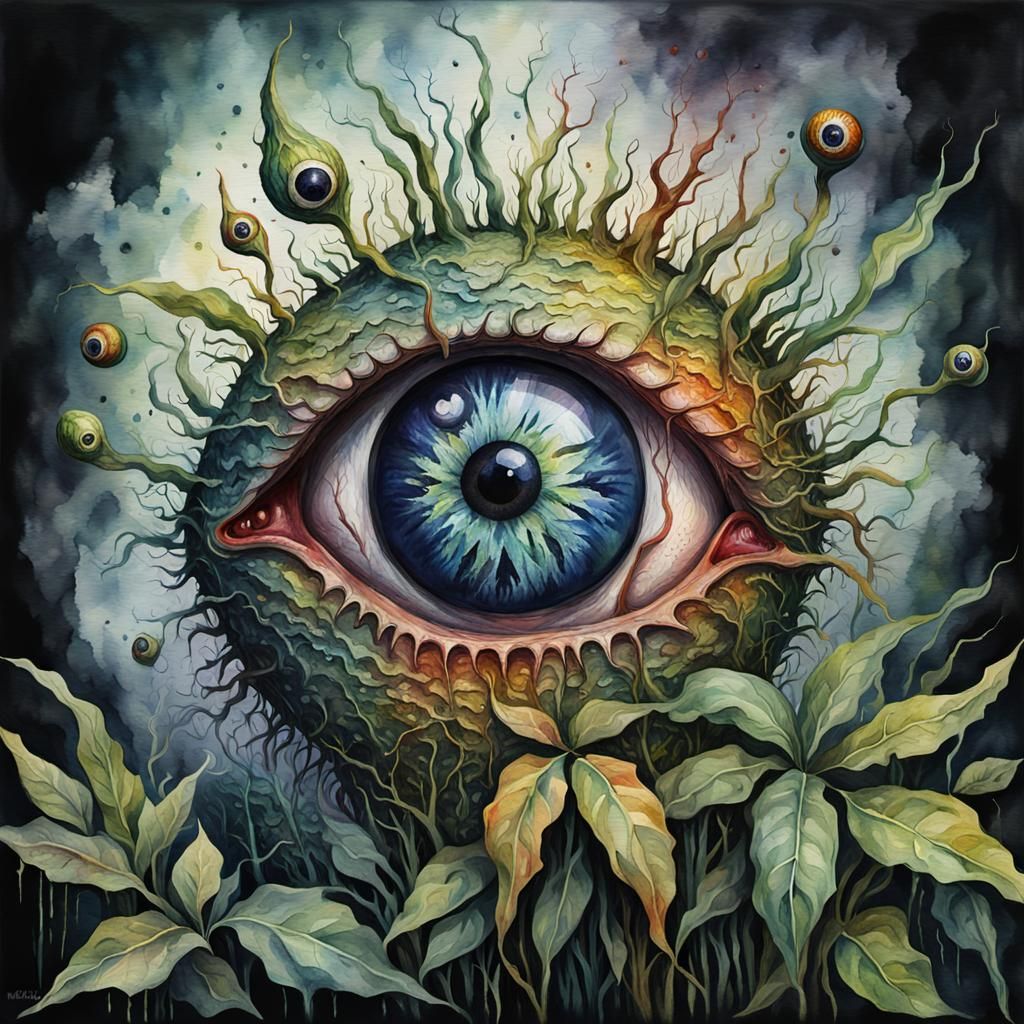 Grotesque Eyeball with Plants: Gothic Impressionist Impasto