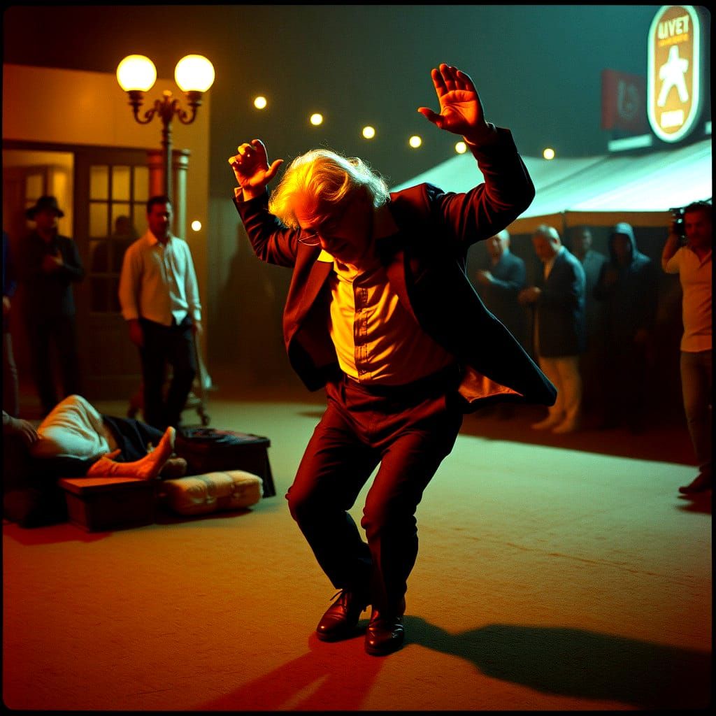 Energetic Grandpa's Dance: A Cinematic Film Still