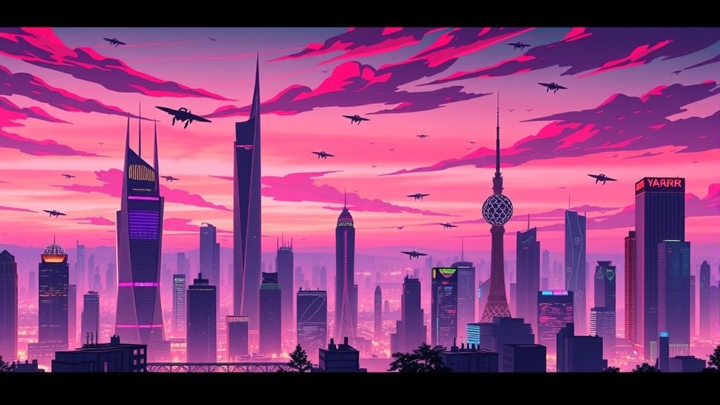 Futuristic Anime Metropolis at Dusk Wallpaper