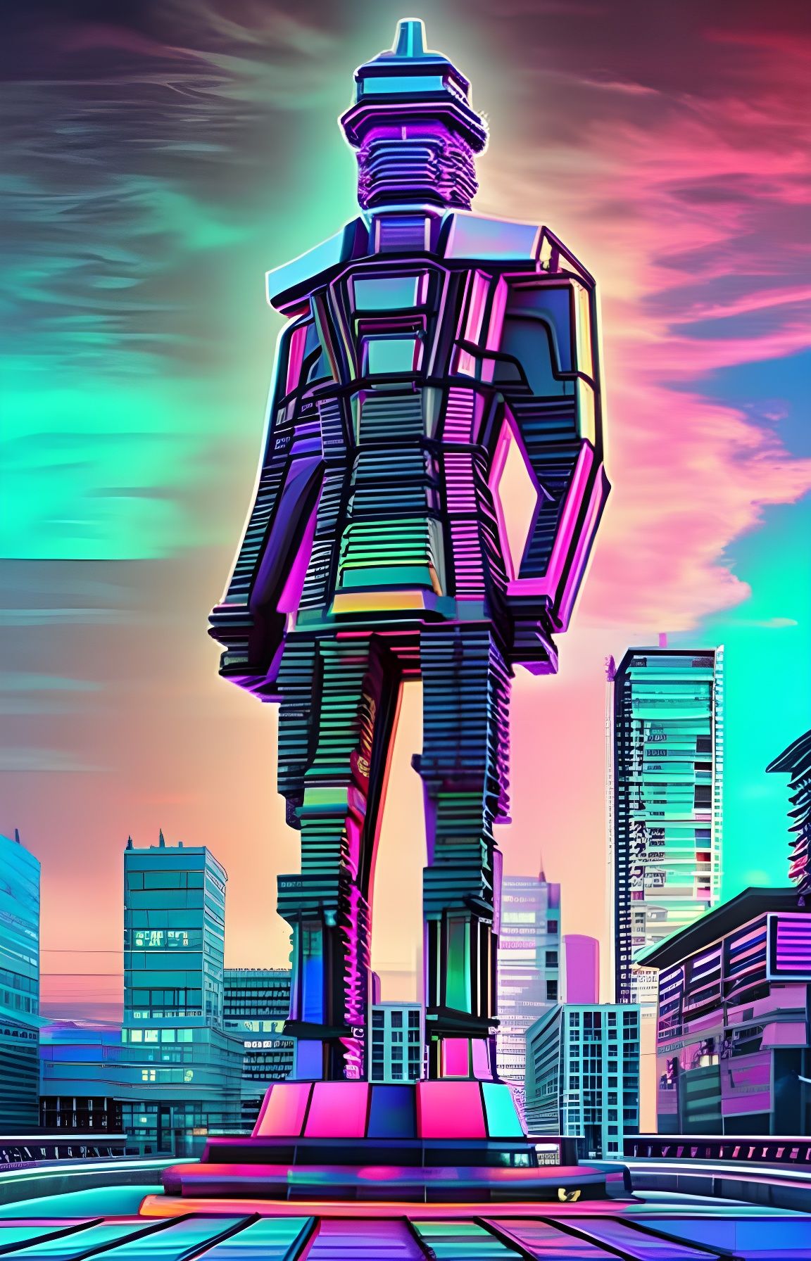 Cyberpunk God Statue in Synthwave Sunset