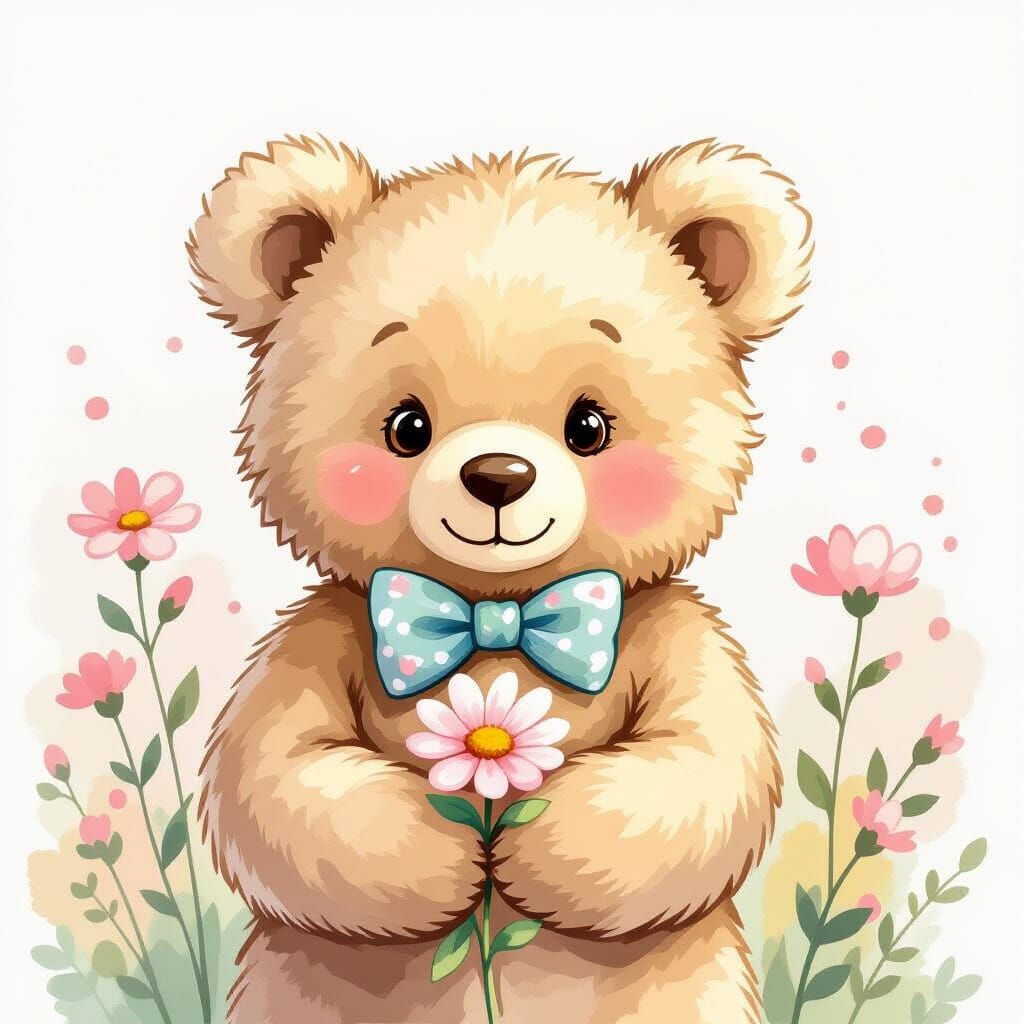 Whimsical Bear with Bow Tie and Flower