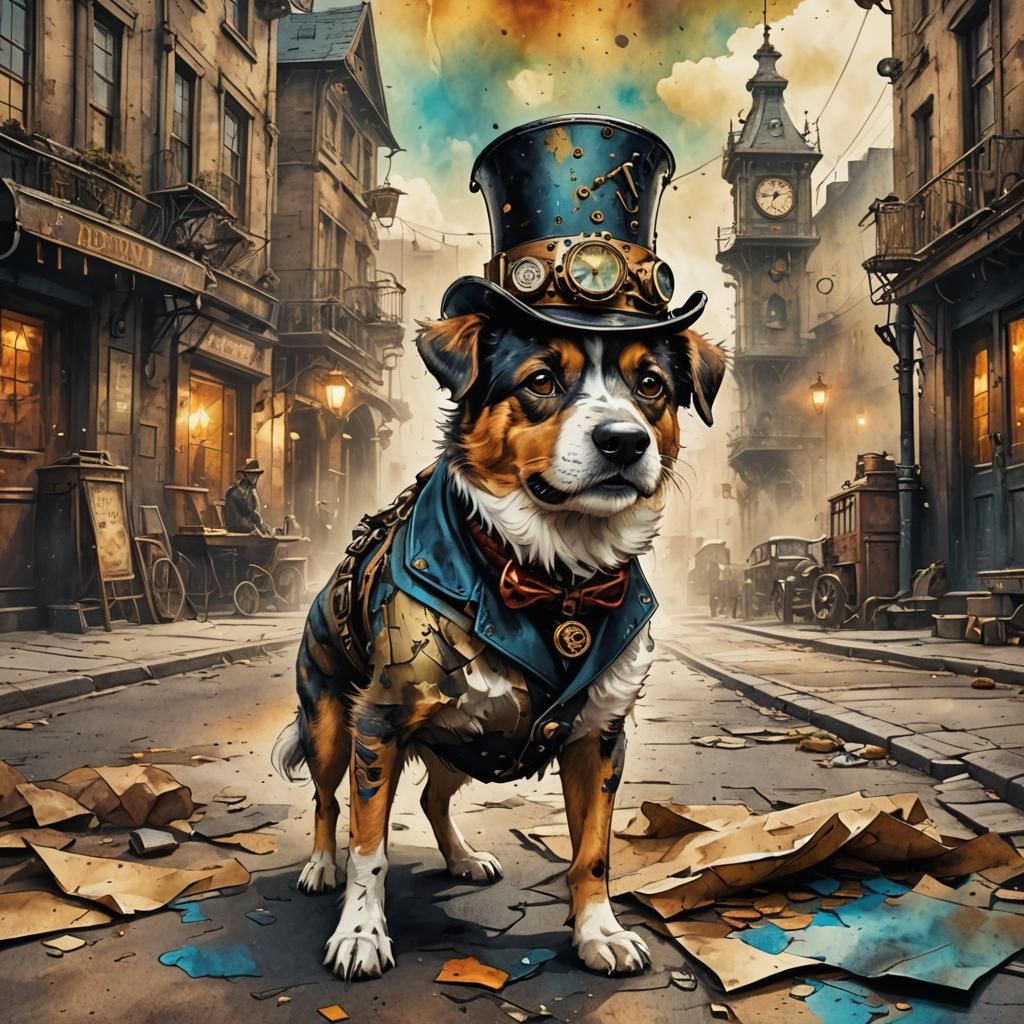 Happy Dog in Steampunk Ink Painting