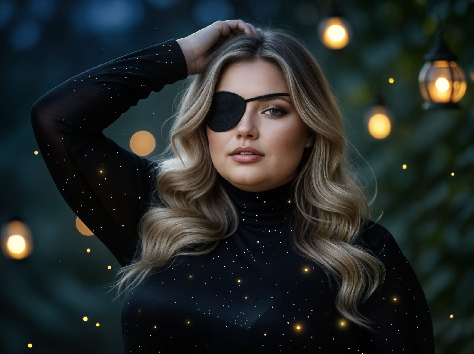 Plus Size Woman in Glitter Dress with Eyepatch Amidst Firefl...