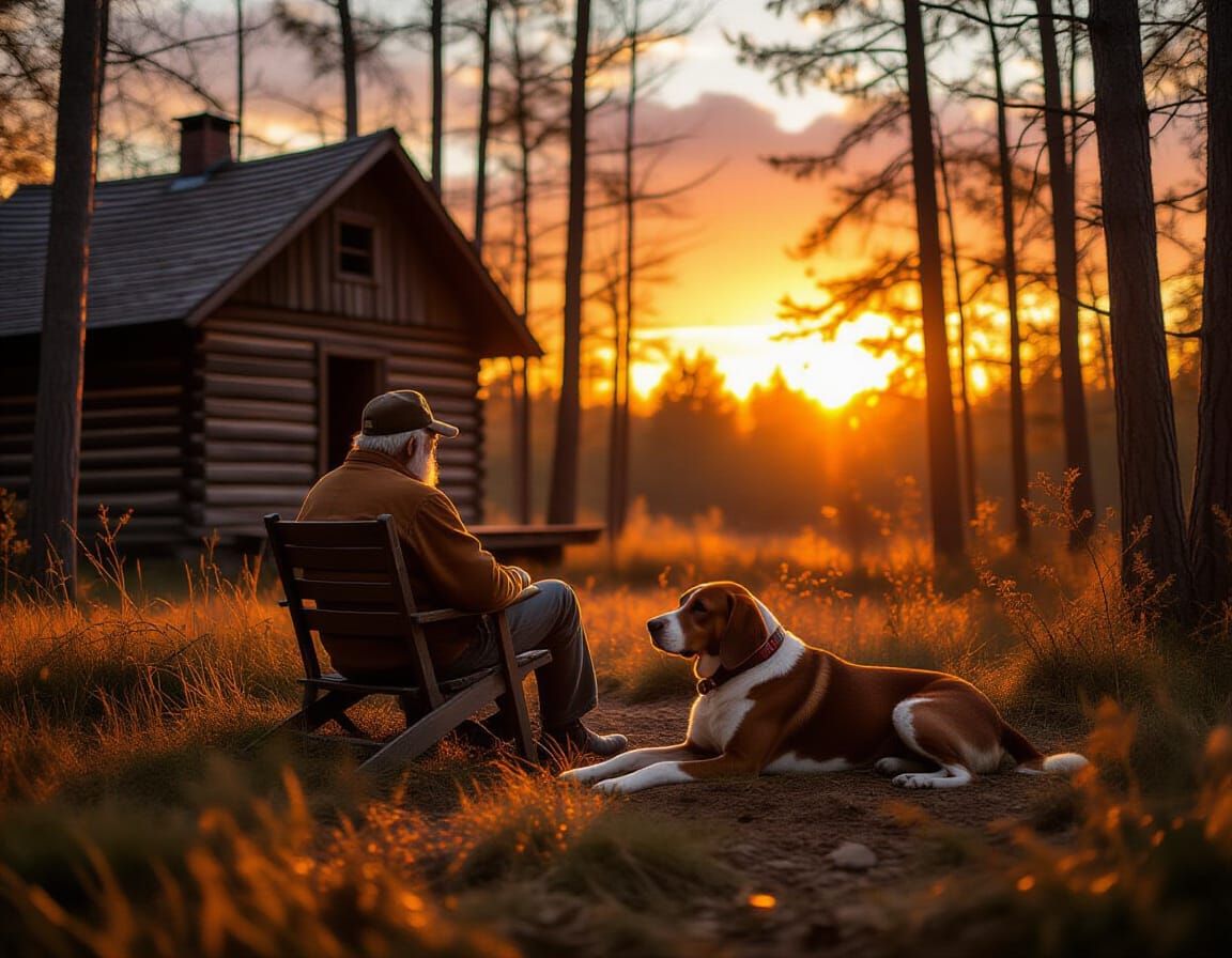 Rustic Cabin at Sunset with Old Man and Bone Hound