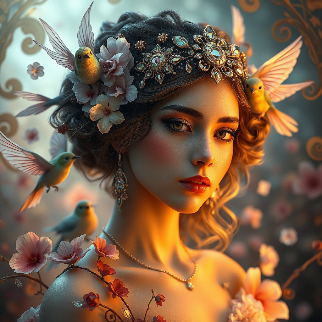 Fantasy Flower Girl Portrait in Art Nouveau Style