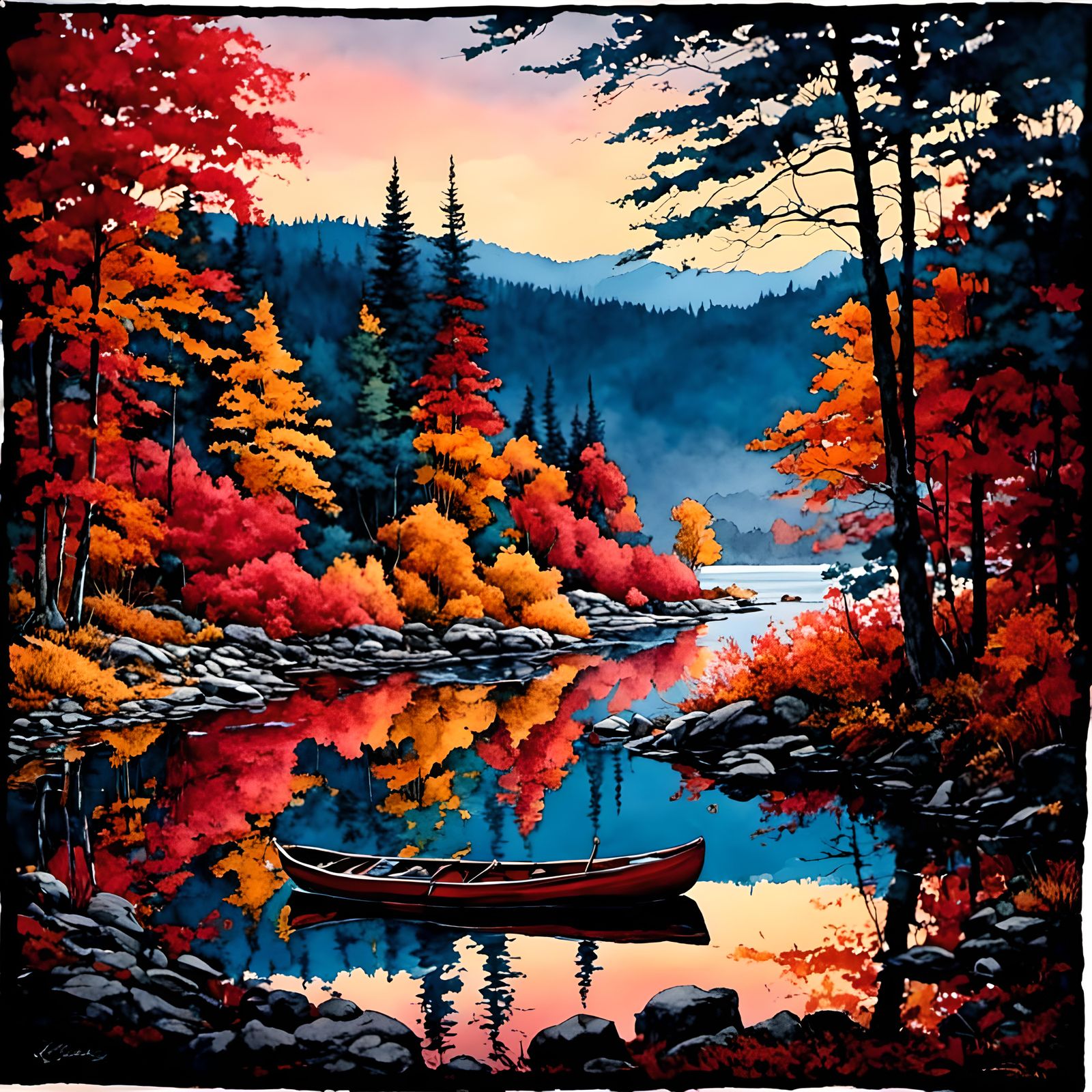 <lora:Autumn Winter:1.0> Beautiful landscape, Ethereal canotypes landscape, intense color, high contrast