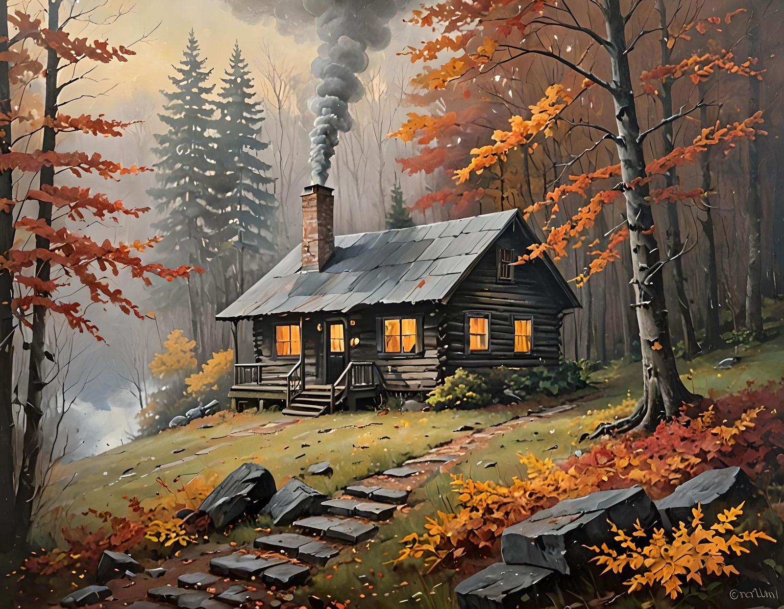 Secluded Cabin in Autumnal Woods: Oil Painting