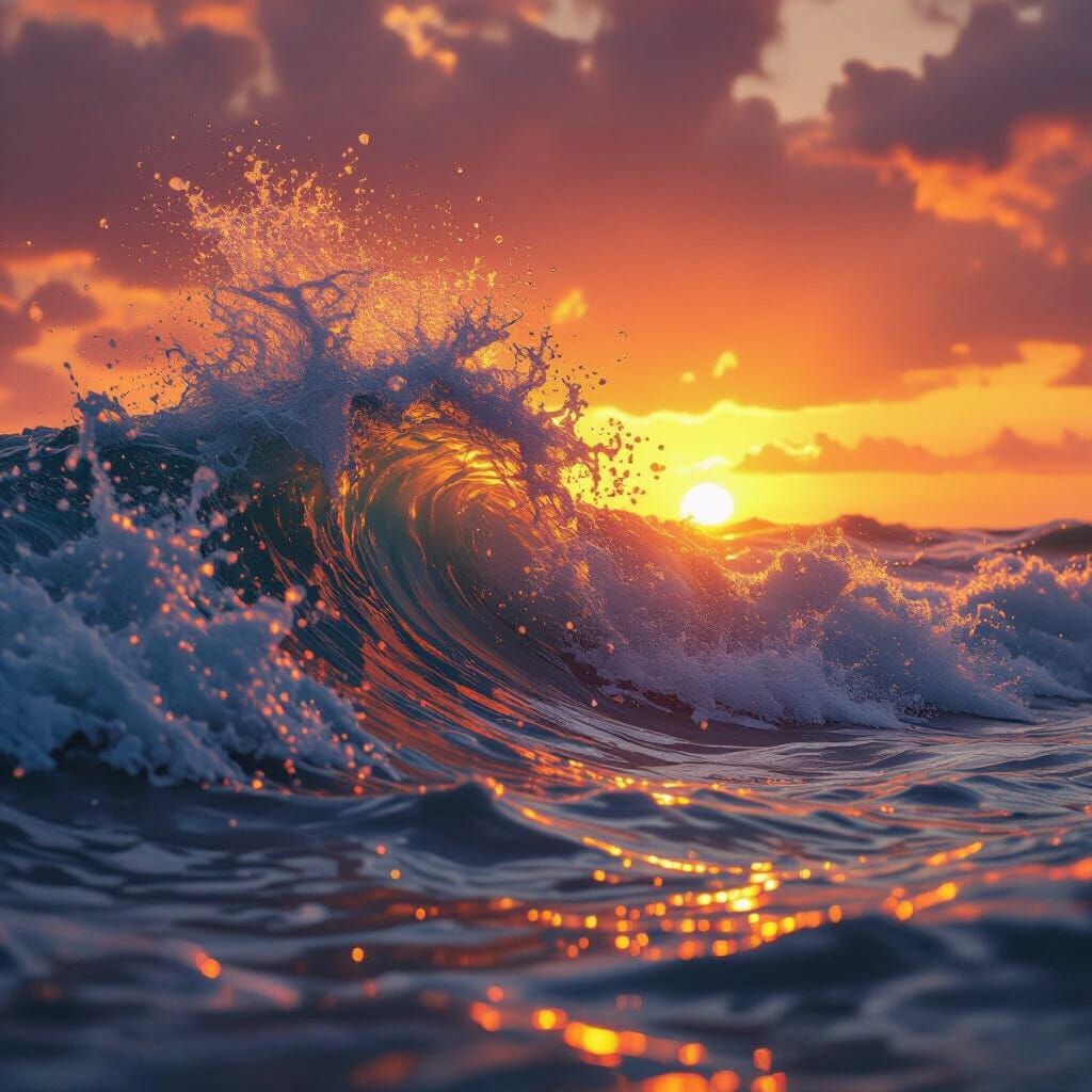 Dramatic Sunset Over Raging Ocean Waves