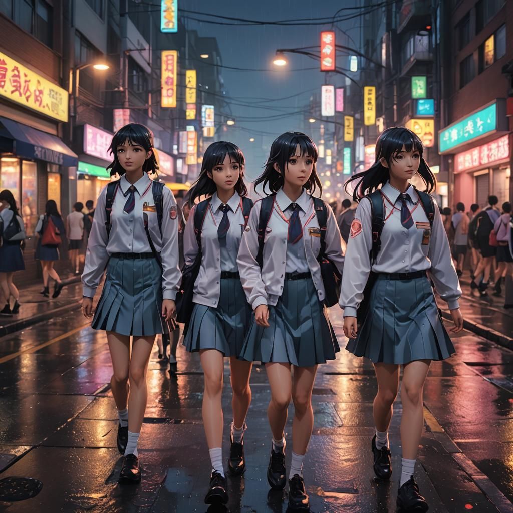 Anime Schoolgirls in Rainy City at Dusk