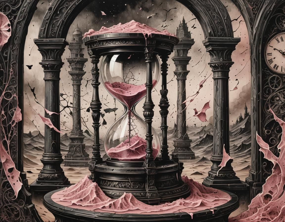 Shattered Hourglass: Dark Fantasy Etching in Black and Pink
