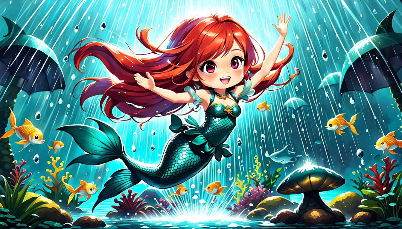 Red Haired Mermaid Girl Dances in Whimsical Fantasy