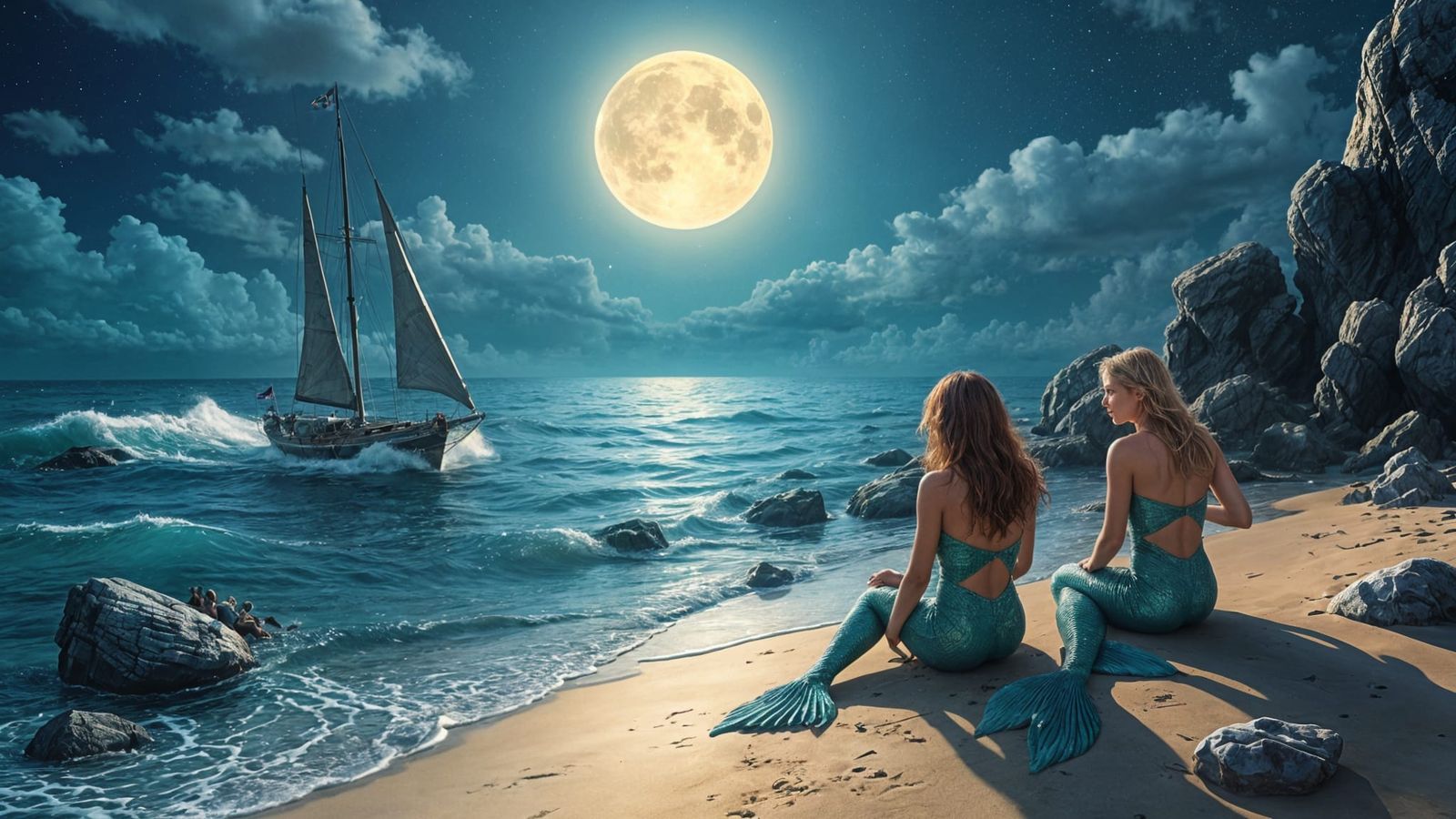 Moonlit Mermaids Witness Sailboat Wreckage on Rocky Shore