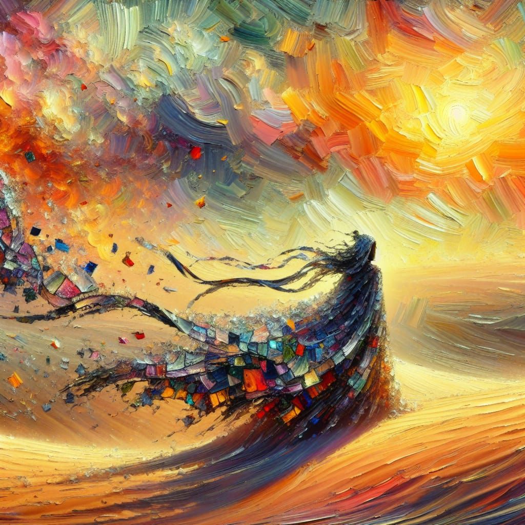 Warrior Princess in Desert Windstorm: Impressionistic Oil Pa...