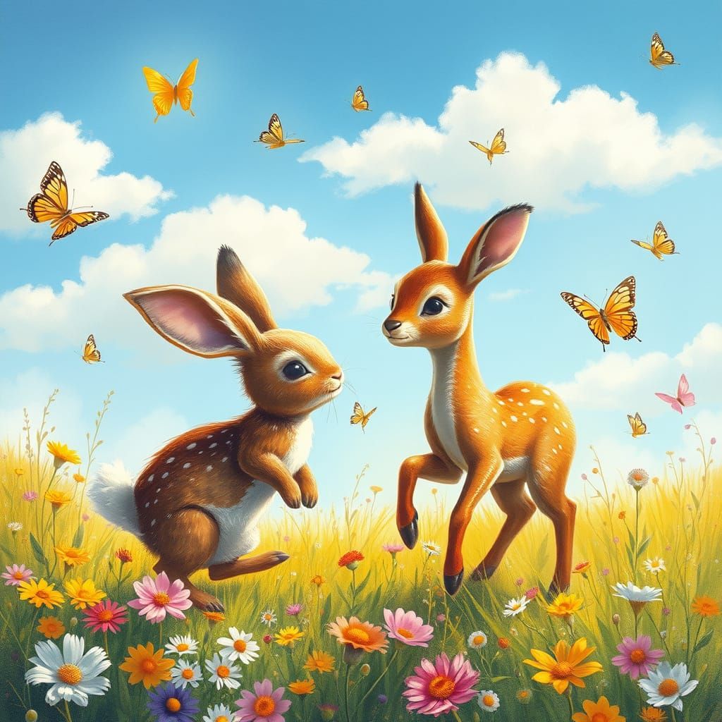 Whimsical Spring Meadow Scene in Vibrant Colors