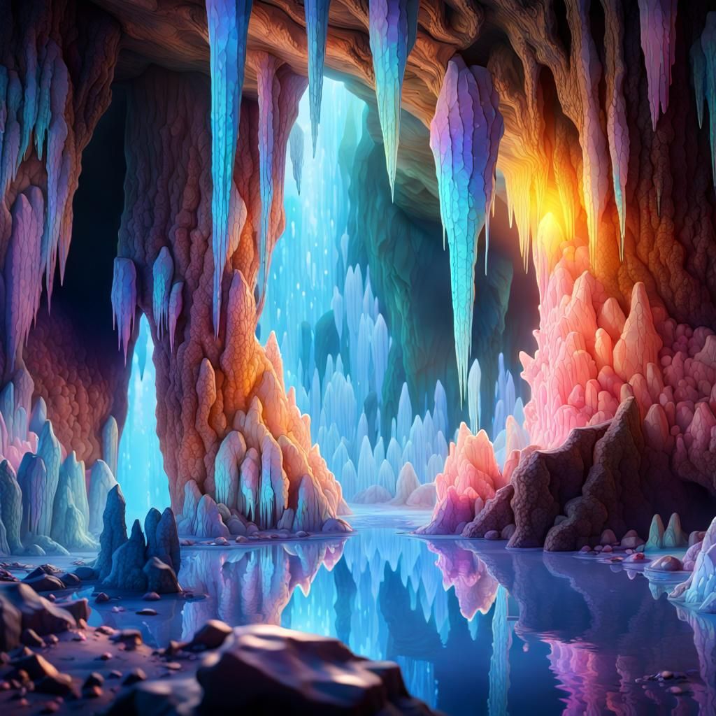 inside a cave full of sparkling iridescent crystals, crystal stalactites, crystal stalagmites , splash paint, dynamic, b...