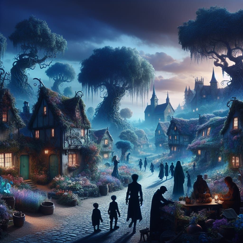 Mystical Dreamlike Village Bathed in Twilight Hues