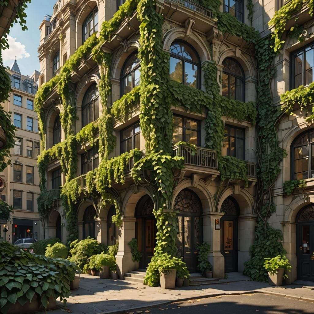 City Conquered by Ivy in Art Nouveau Style
