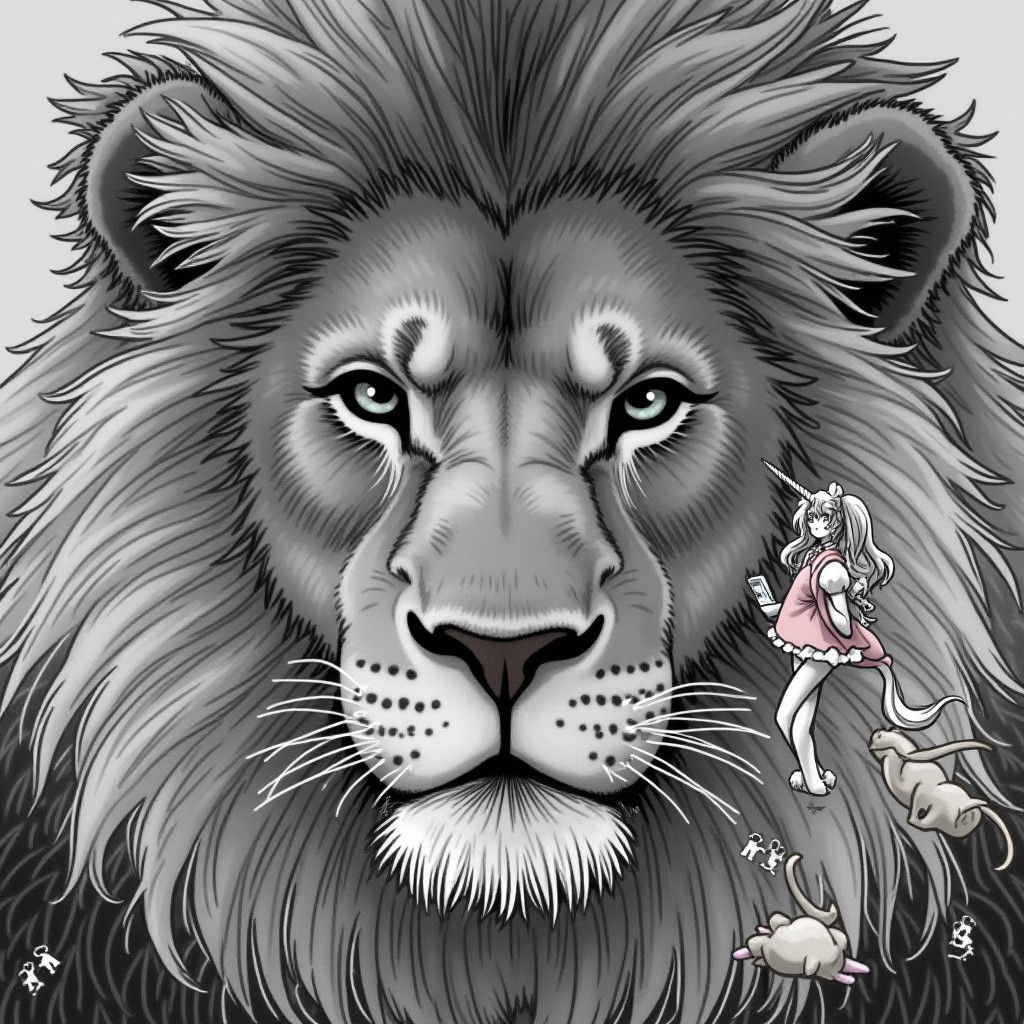 Melancholic Emo Lion and Dancing Prep Unicorn in Manga Style