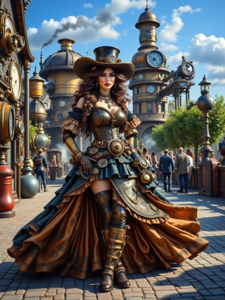 Steampunk Woman in Victorian Industrial City