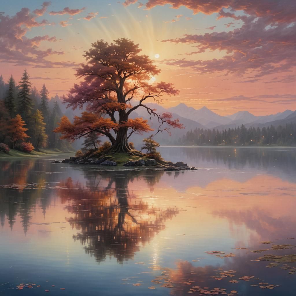 Ethereal Sunset Lake: Fantasy Art in Oil on Canvas