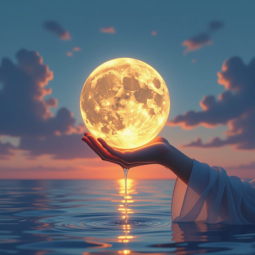 Hand Holding the Moon in Dreamy Twilight