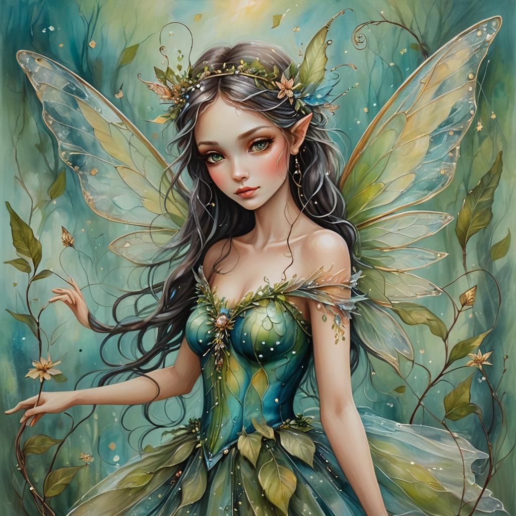 Whimsical Fairy in a Dreamlike Mixed Media Painting