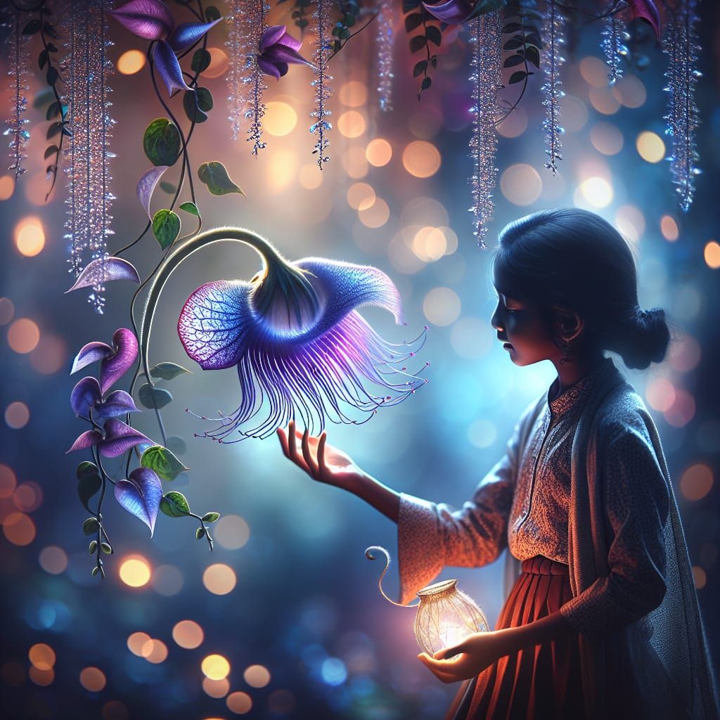 Girl Touches Backlit Snail Flower with Crystal Vines