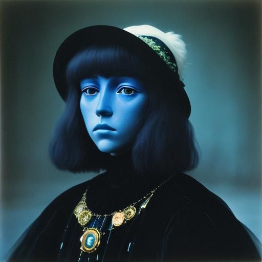 Moody Blue Portrait Inspired by Klimt and Moon