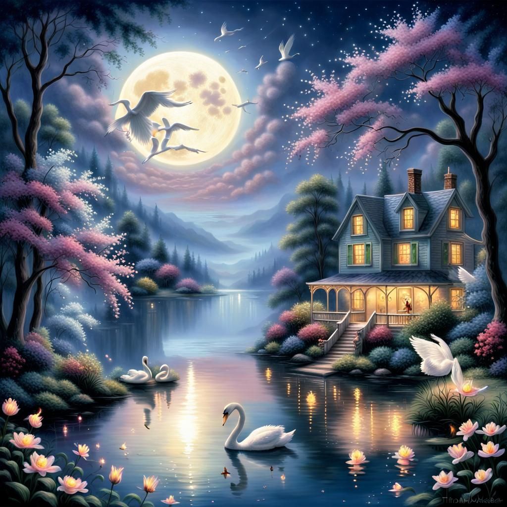 Ethereal Fantasy: Moonlit Lake with Swans