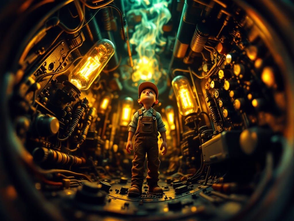 Miniature Figure Navigates a Vintage Radio