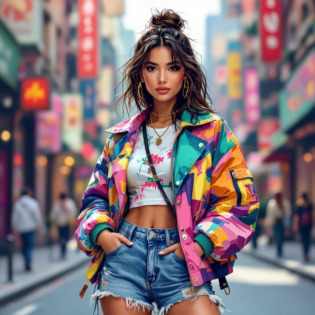 Confident Woman Posing in Vibrant City Street