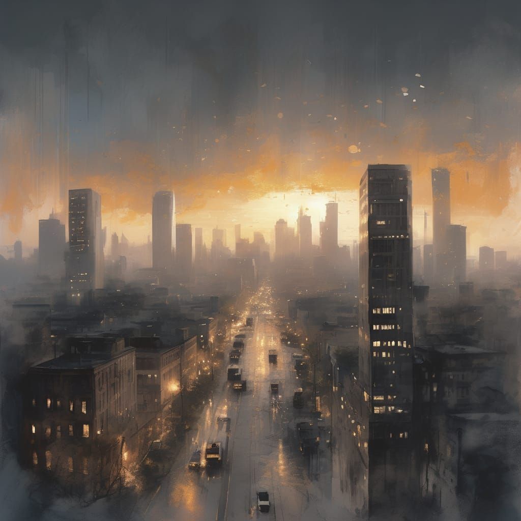 City Skyline at Golden Hour in Watercolor Style