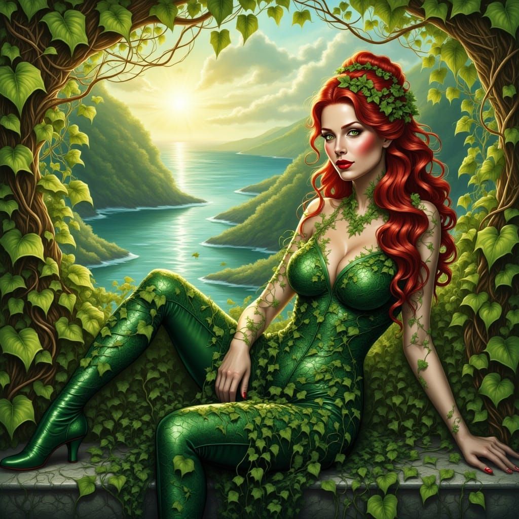 Poison Ivy Inspired Woman on Terrace Overlooking Sea