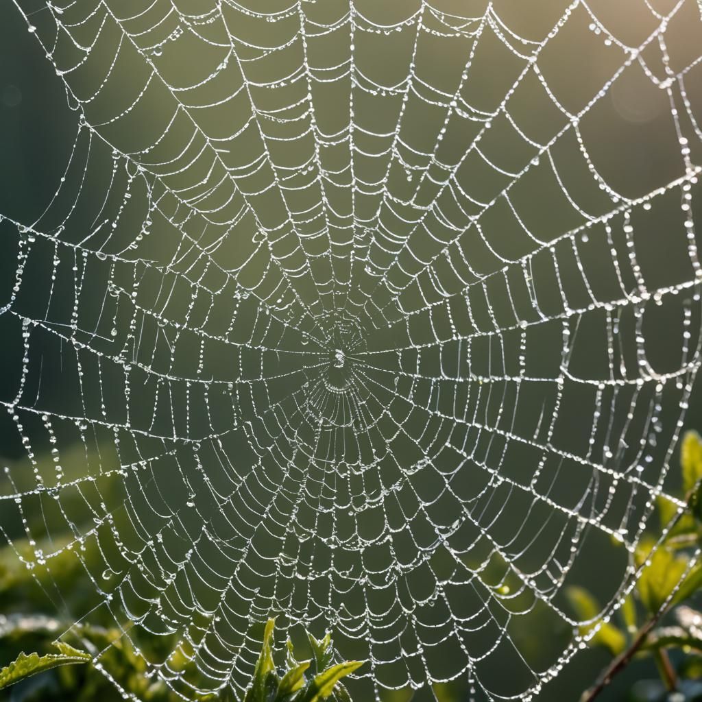 Dew-Covered Spiderweb in Early Morning Light