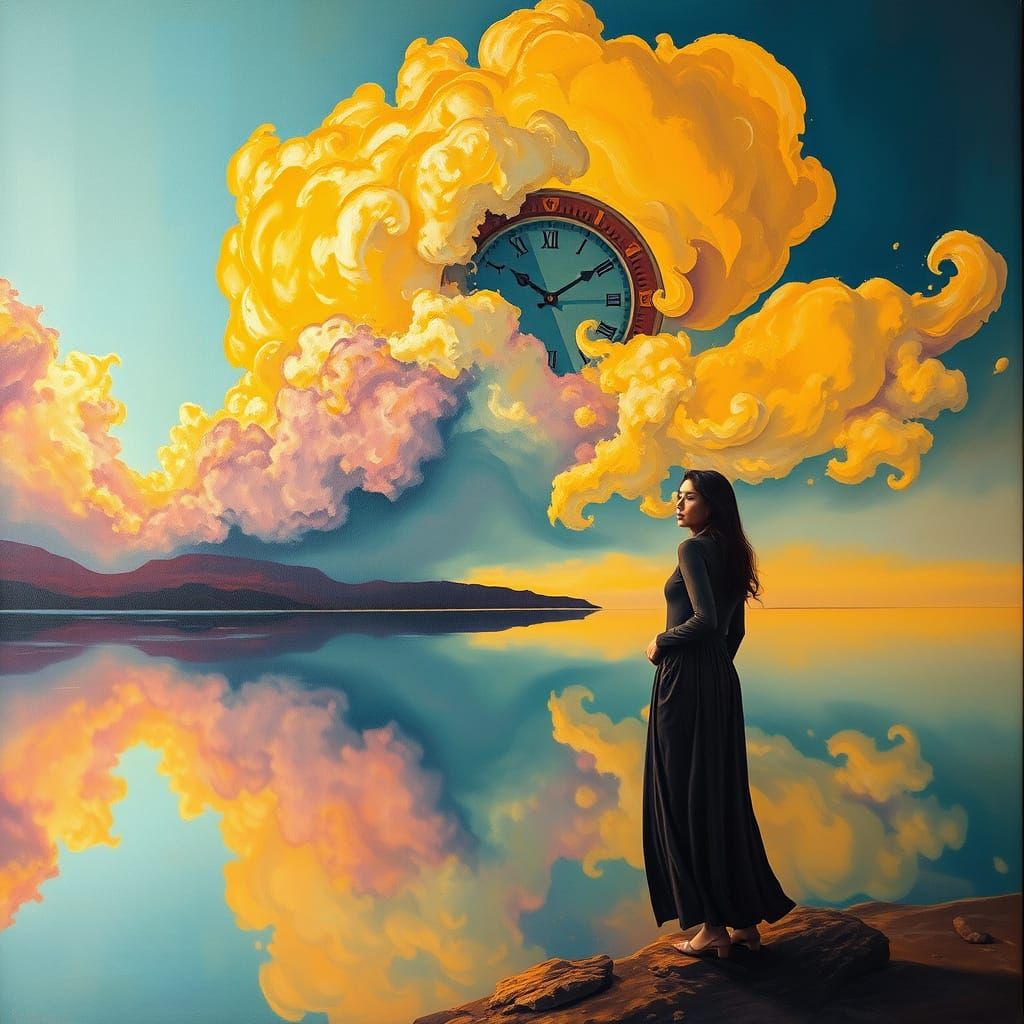 Surrealist Dreamscape in Golden Light with Melting Clocks