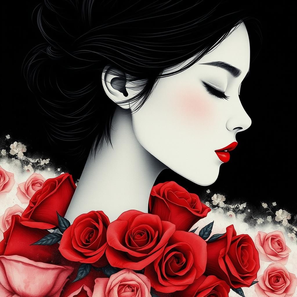 Woman's Profile in White Ink with Red Roses