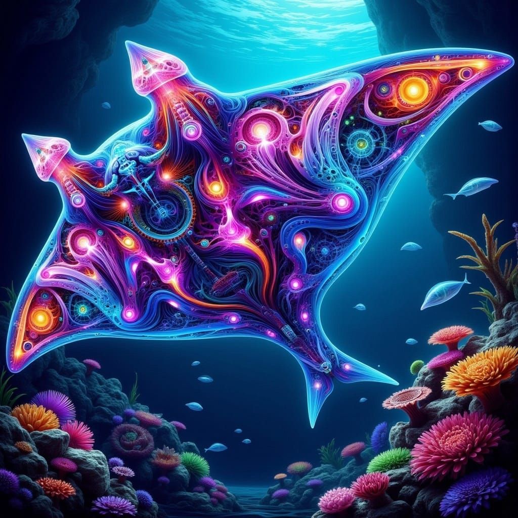 Cyberpunk Manta Ray in X-Ray with UV Markings and Biomechani...
