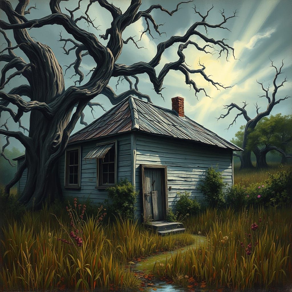 detached wooden windows, rotten door, weeds and bushes, gras...