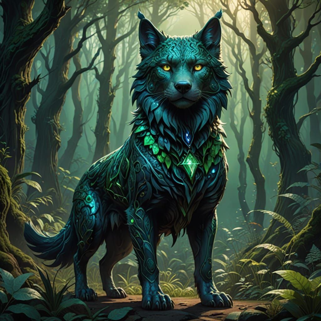 Mythical Dog-Cat Hybrid in Mystical Forest