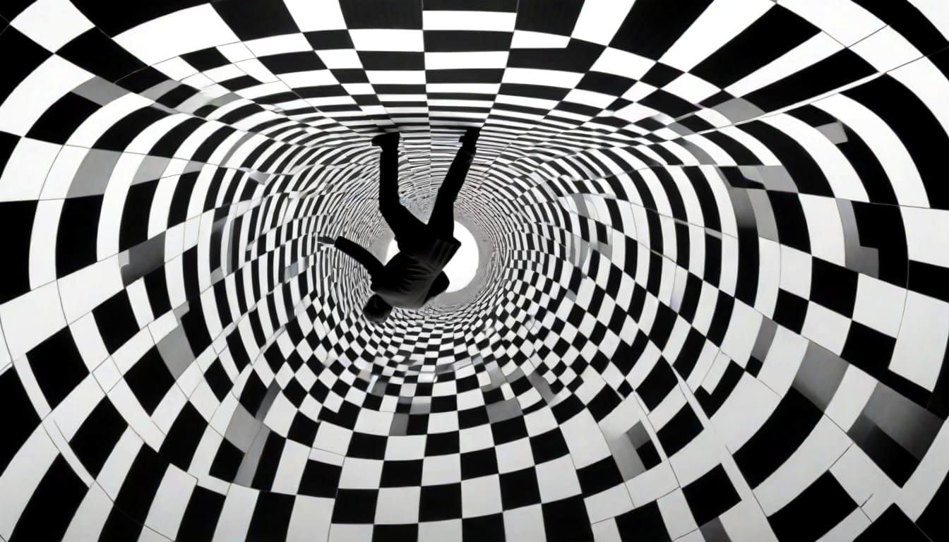 Man Escapes Op Art Grid in Photorealistic Surrealism